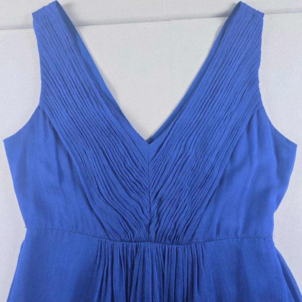 J.Crew 100% Silk Sleeveless‎ Midi Dress Women's Size 10 Blue Pleated V-Neck